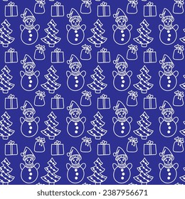 Christmas pattern in doodle style. White line on a dark blue background. Vector illustration.