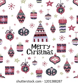 Christmas pattern. Doodle texture with hand lettering, xmas tree, gift boxes, stars and snowflakes. Hand drawn scandinavian pattern. Vector illustration.