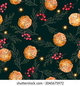 Christmas pattern with dry oranges, twigs and berries. Winter holiday vector seamless pattern