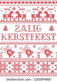 Christmas pattern dutch Merry Christmas Zalig Kerstfeest vector seamless pattern inspired by Nordic culture festive winter in cross stitch with heart, snowflake, snow ,Christmas tree,  reindeer, gift
