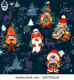 Christmas pattern with dwarfs and Xmas decorations in childish lovely style