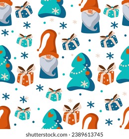 christmas pattern with dwarves with gifts and fir trees vector picture