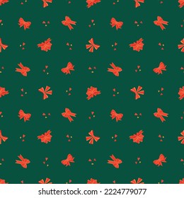 Christmas pattern with elegant red bows and hearts in cartoon style. Green background for decorating gifts for christmas, new year, birthday and valentine's day. Vector flat illustration