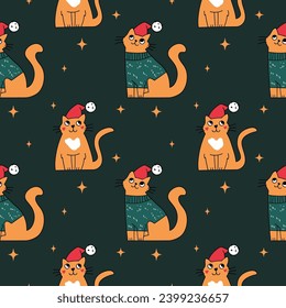 The Christmas pattern with elements like stars, snowflakes, cats and ornaments. The hand-drawn elements. Seamless pattern making it perfect for wrapping paper, textile prints, and