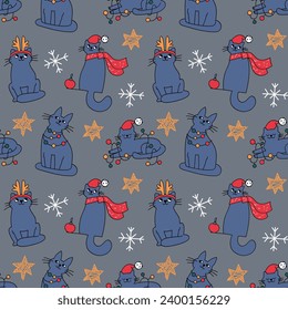 The Christmas pattern with elements like stars, snowflakes, cats and ornaments. The hand-drawn elements. Seamless pattern making it perfect for wrapping paper, textile prints, and