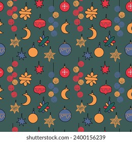 The Christmas pattern with elements like Christmas trees, gifts, stars, snowflakes, and ornaments. The hand-drawn elements. Seamless pattern making it perfect for wrapping paper, 