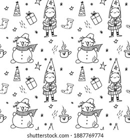 Christmas pattern with elf and snowman among gifts and festive elements on white background
