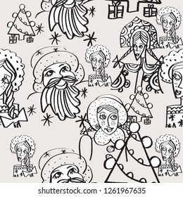 Christmas pattern with elves, Santa and tree. in Russian style, vector.