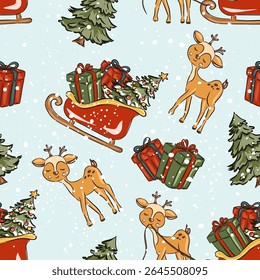 Padrão de Natal com renas, trenós, árvores e presentes. Impressão festiva de inverno de Natal. Ilustração vetorial