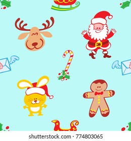 Christmas pattern featuring a smiling reindeer, a welcoming Santa Claus, a bunny with Santa hat and a smiling cookie man. Hollies, winged letters, a candy cane and sleighs complete the pattern

