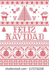 Christmas pattern Feliz Navidad  vector seamless pattern inspired by Nordic culture festive winter in cross stitch with heart, snowflake, snow ,Christmas tree, reindeer, Robin bird in red and white 