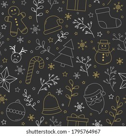 Christmas pattern with festive icons. Xmas wrapping paper. Vector