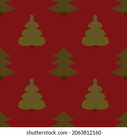 Christmas pattern for festive packaging. Christmas trees of simple form. Cozy ornament in warm green on dark red background. Texture perfectly complements soulful atmosphere of homemade Christmas Eve.