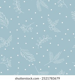 Christmas pattern of fir branches, berries and holly.Vector illustration with hand-drawn doodle elements.