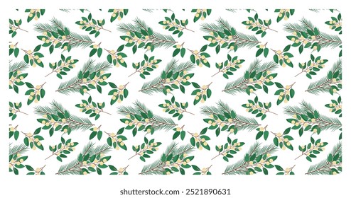 Padrão de Natal com ramos de abeto e visco. Impressão de inverno simples. Ilustração gráfica minimalista. Imprimir para papel de embrulho, cartões, tecido e papel de parede
