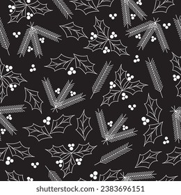Christmas pattern with fir branches on a black background. High quality vector illustration.