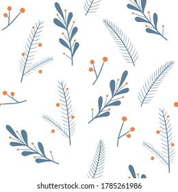 Christmas pattern with fir branches and Christmas plants Vector seamless pattern for the new year. For wrapping paper, fabric, Wallpaper, scrapbooking.