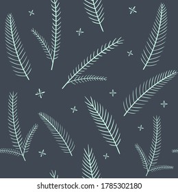 Christmas pattern with fir branches and snowflakes. Vector seamless pattern for the new year. Flat simple style. For wrapping paper, fabric, Wallpaper, scrapbooking.