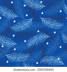 Christmas pattern with fir branches and snowflakes. Winter seamless blue background. Vector.