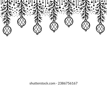 Christmas pattern with fir branches and toys. Sketched holiday garlands and decorations isolated on white background. Hand drawn vector illustration