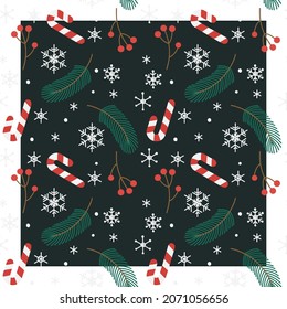 
Christmas pattern with fir tree branches, candies and snowflakes. Color. You can change the pattern color and background color.