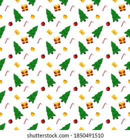 Christmas pattern, fir tree gifts and letters