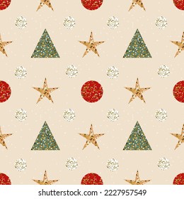 Christmas pattern with fir tree, star, sphere decoration. Xmas seamless background. Winter holidays repeat texture. Flat vector illustration