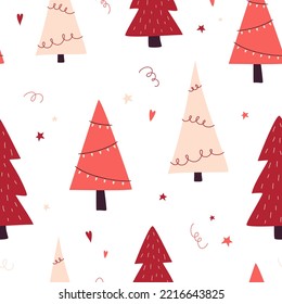 Patrón navideño con abetos. Dibujo vectorial sobre un fondo blanco. Plantilla para papel, textil, embalaje.