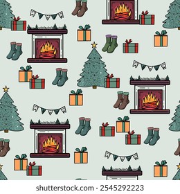 Patrón de Navidades con chimenea, regalos y árboles
Patrón inconsútil festivo de los iconos de Festiva