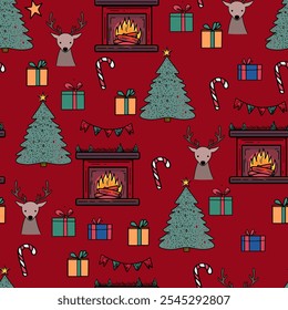 Patrón de Navidades con chimenea, regalos y árboles
Patrón inconsútil festivo de los iconos de Festiva