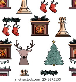 Christmas Pattern with Fireplace, Gifts, and Trees
Festive Seamless Holiday Icons Pattern