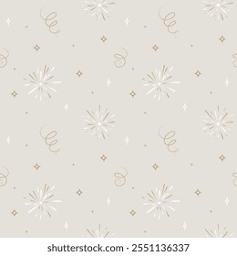 Christmas pattern with  fireworks and confetti on a light background. Seamless background perfect for use in textiles, wallpapers, and festive decorations.
