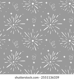 Padrão de Natal com fogos de artifício e confetes sobre um fundo claro. Fundo sem costura perfeito para uso em têxteis, papéis de parede e decorações festivas.