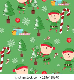 Christmas pattern with fir-trees, elfs and gift boxes. Christmas design element. For leaflets, brochures, invitations, wallpapers, backdrops, posters or banners.