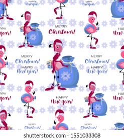 Christmas pattern with flamingo. Merry christmas and happy new year. Seamless pattern. Pink flamingo in santa claus hat and with gift. Christmas flamingo.Vector illustration,  white background