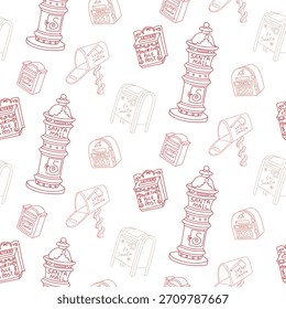 Christmas pattern with flat outline depicting Santa Claus mailboxes. texture in form of red scribbles is perfect for wrapping paper, seasonal textile prints, digital paper, festive surface decoration