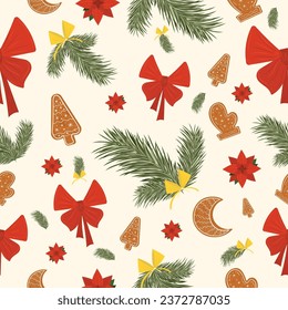 Christmas pattern, flat style. Gingerbread cookies, pine branches, gift ribbon, Christmas star flower. Bright shades of red, green, yellow. For holiday packaging, decoration.