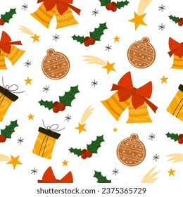 Christmas pattern. Flat style. Traditional festive symbols. Bell with ribbon, gingerbread, holly leaves, cute gifts, gold stars. Bright shades of red, green, yellow. For holiday cards, invitations.