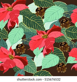 Christmas pattern with flowers holly and pine cones on a brown background.