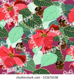 Christmas pattern with flowers holly and pine cones on a dark pink background background.