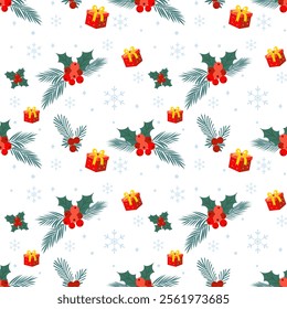 Christmas pattern with christmas flowers, snowflakes, gifts on a light background. Seamless background perfect for use in textiles, wallpapers, and festive decorations.