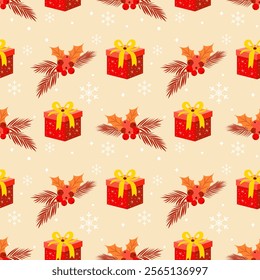 Christmas pattern with christmas flowers, snowflakes, gifts on a yellow background. Seamless background perfect for use in textiles, wallpapers, and festive decorations.