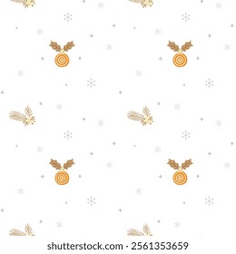 Christmas pattern with christmas flowers, sweets, snowflakes on a light background. Seamless background perfect for use in textiles, wallpapers, and festive decorations.