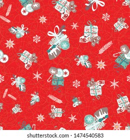 Christmas pattern with food, gifts and snowflakes. For wrapping paper, cards, invitations and fabric. Seamless vector background