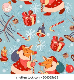 Christmas pattern, fox in a suit of Santa Claus, new year pattern, merry christmas background vector