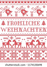 Christmas pattern Frohliche weihnachten  vector seamless pattern inspired by Nordic culture festive winter in cross stitch with heart, snowflake, snow ,Christmas tree, reindeer, Robin bird in red and 