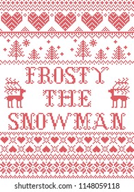 Christmas pattern Frosty the snowman vector seamless pattern inspired by nordic culture festive winter in cross stitch with heart, snowflake, reindeer,  Christmas tree ornaments in red and white
