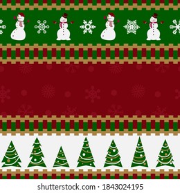 Weihnachtsmuster mit lustigen Schneemann und Baum auf grünem, weißem und rotem Hintergrund.