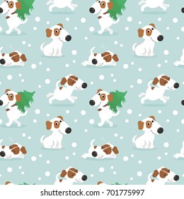 Christmas pattern with funny white dog and Christmas lights. Colorful vector illustration in cartoon style.