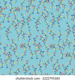 Patrón navideño con luces de garland sobre fondo azul, patrón transparente para la plantilla de saludos navideños en estilo de caricatura